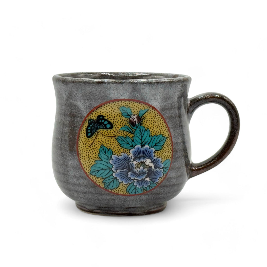 Yoshitaya Botan Gray Kutani-yaki Mug- Japanese Tea Mug