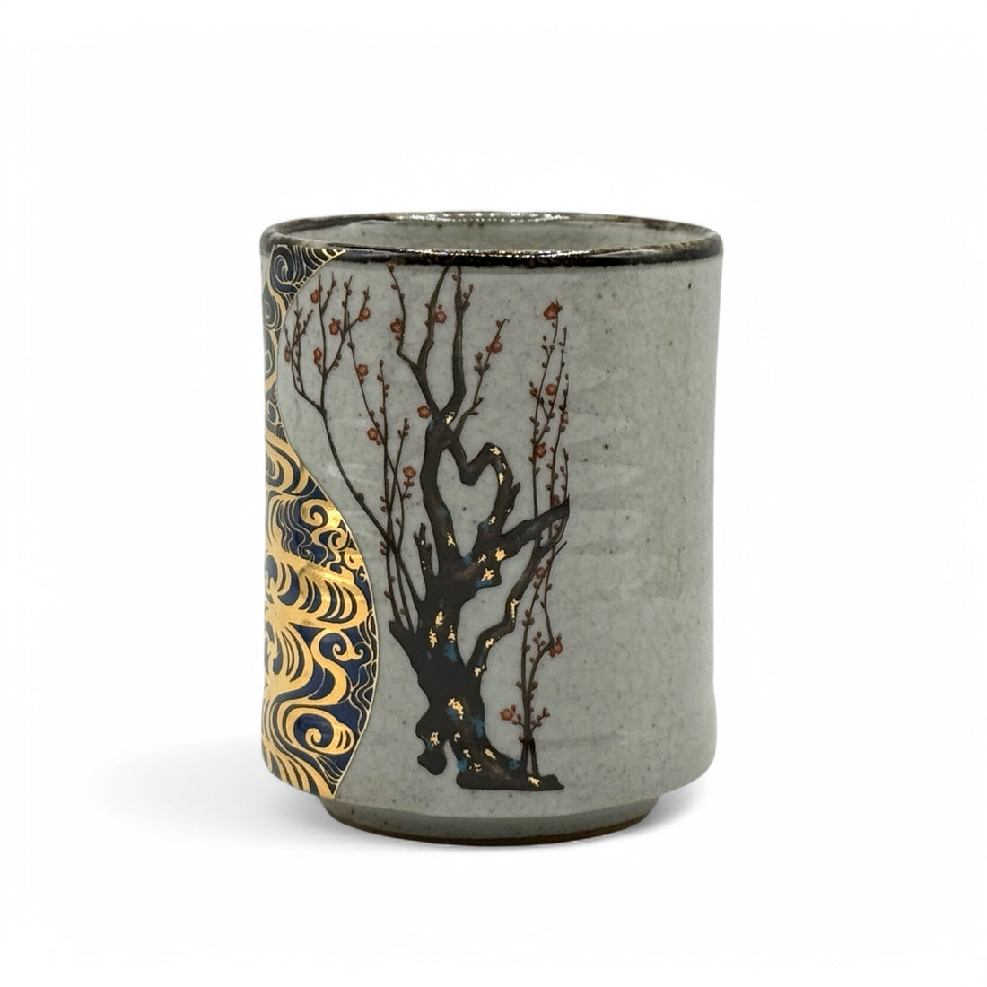 Ume Michi Gold Gray Kutani-yaki Yunomi - Japanese Teacup