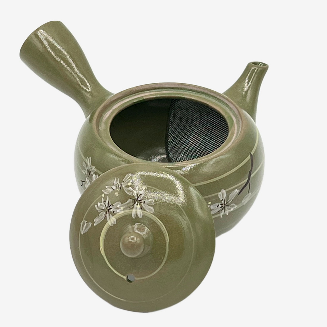 Rasen Sakura Cherry Green Tokoname-yaki Kyusu - Japanese Teapot