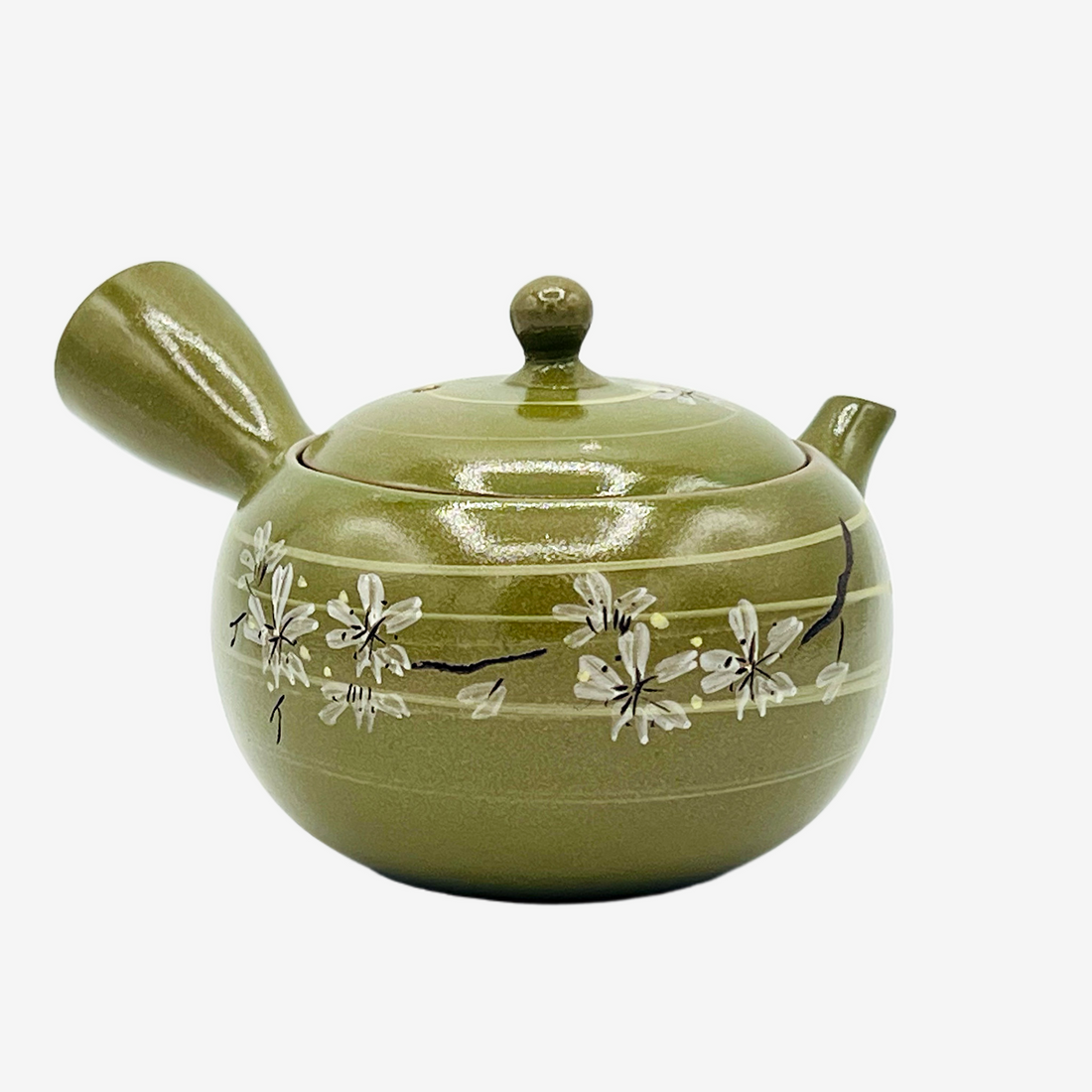 Rasen Sakura Cherry Green Tokoname-yaki Kyusu - Japanese Teapot