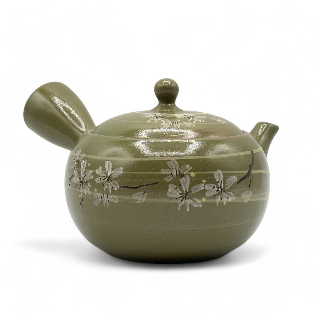 Rasen Sakura Cherry Green Tokoname-yaki Kyusu - Japanese Teapot