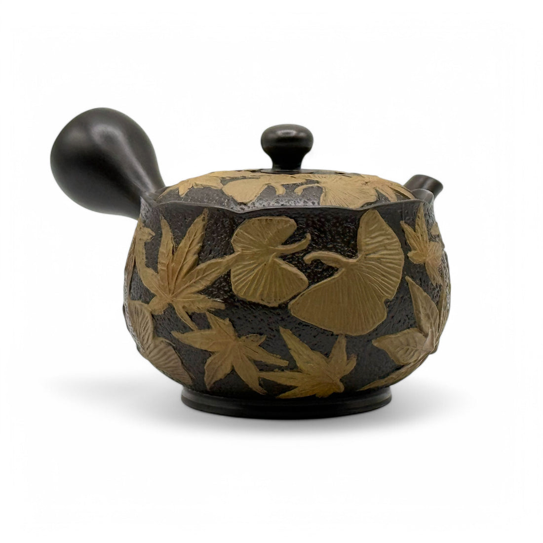 Maple Gingko Leaves Black Tokoname-yaki Kyusu by Chikushun - Japanese Teapot