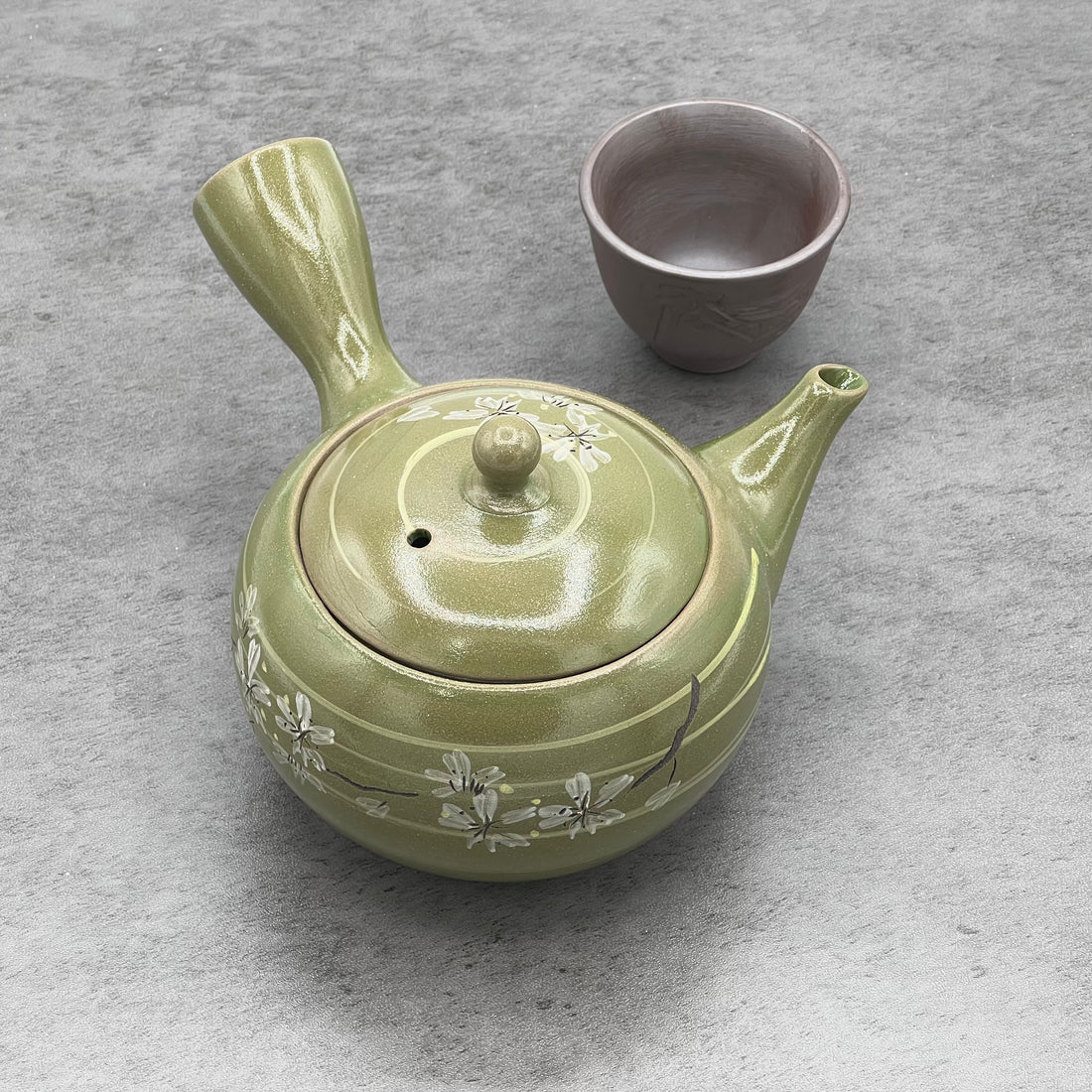 Rasen Sakura Cherry Green Tokoname-yaki Kyusu - Japanese Teapot